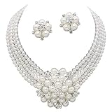 Elegant Statement White Pearl Cluster Crystal Bridal Silver Chain Necklace Set CLIP ON Earring