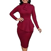 Women's Peplum Pencil Dresses Midi Bodycon Long Sleeve Crew Neck Modest Business Church Work Dress Elegant