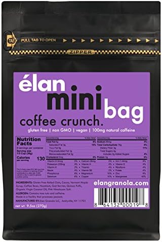 ELAN Chocolate Coffee Granola - Coffee Beans, Chocolate, Hazelnut, Goji Berries, & Quinoa; 100mg Caffeine, Natural & Clean Energy Cereal, 1 Mini Bag (9.5 Ounce)