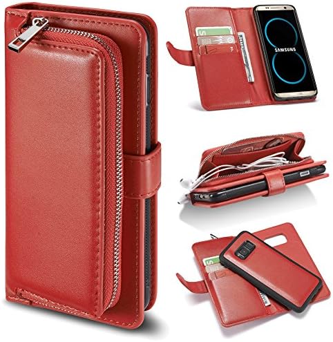 Eloiro Samsung Galaxy S8 Plus Wallet Purse Case, Protective Leather Cover Magnetic Detachable Flip Holster Carrying Case with Credit Card Slots and Zipper Cash Compartments for Galaxy S8Plus Red