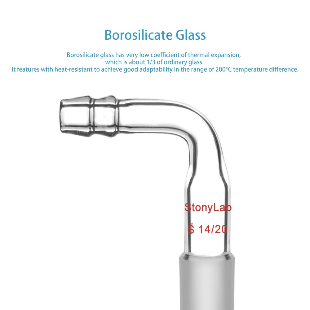 StonyLab Glass Bent Inlet Adapter With 14/20 Male Glass Joint and 9 mm Hose Connection Lab Glassware, 1 Pack - Image 3
