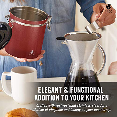 Bean Envy Airtight Coffee Canister - 16oz - Sealed Cantilever Lid with Co2 Gas Release Wicovalve & Numerical Day/Month Tracker - Stainless Steel Storage Vault for Whole/Ground Coffee Bean - Red