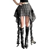Women's Plaid Skirts Y2K Gothic Irregular Cute Skirts Sexy Lace Hem Club Rave Mini Skirts