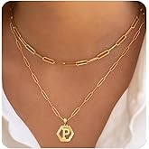 TOSGMY Initial Necklaces for Women,Dainty Gold Letter Necklace 18K Gold Plated Paperclip Chain Necklace Trendy Personalized Monogram Name Necklace Hexagon A-Z Pendant Choker Layered Gold Necklaces