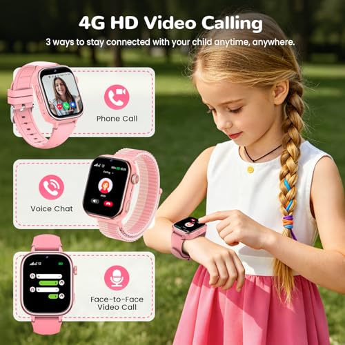 4G Reloj Inteligente Niños con gps y Videollamada, Smartwatch Niños con llamadas, Chat de Voz, SOS, Modo Escuela, Despertador, IP68, Linterna, Podómetro, Flashcard, Regalo para Niños Niñas, Rosa