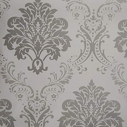 Lependor 17.71" X 118" Silver Damask Removable Wallpaper Peel and Stick Contact Paper Decorative Self Adhesive Shelf Drawer Liner Roll - 17.71" X 9.8 ft