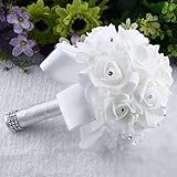 Mikey Store Bridal Artificial Silk Flowers Crystal Roses Pearl Bridesmaid Wedding Bouquet (White)