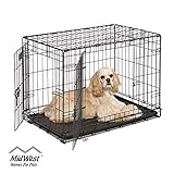 Dog Crate | MidWest ICrate 30 Inch Double Door Folding Metal Dog Crate w/ Divider Panel, Floor Protecting Feet & Leak Proof Dog Tray | 30L x 19W x 21H Inches, Medium Dog Breed, Black