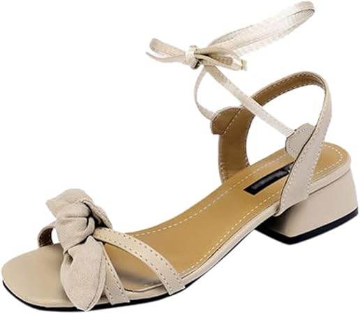 Amazon Co Jp Midress レディース ローチャンキーヒール レースアップサンダル ファッションサンダル 無地 ハイヒール サンダル リボンサンダル 6 5 M Us ベージュ hql おもちゃ