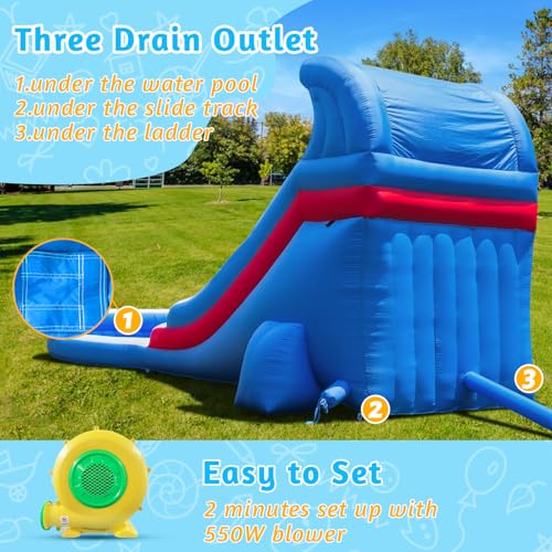22FT Inflatable Grade Water Slide for Kids with Big Splash Pool, Heavy Duty Blue Kids Water Park with 550W Blower（Enhanced Version）, Wet & Dry Use Outdoor Bounce House for Backyard Summer Party