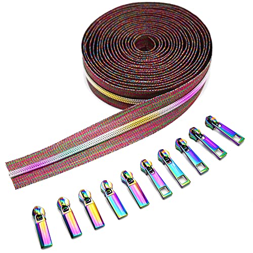 ZXZIP 5 Nylon Coil Rainbow Zipper Tape by The Yard 5 Yards with 10pcs