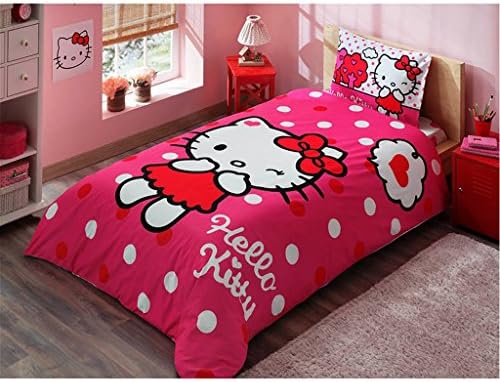Comforter Set 4 Pcs "Hello Kitty " Girl's Kid's Single / Twin Size Comforter Cover Set+++White Microfiber Comforter(Look 2.Image)Kids Bedding 4 Pcs