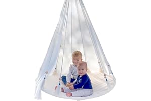 GLADSWING Saucer Swing Indoor and Outdoor, 45 Inch Tree Swing for Kids, Patio Swing, Family Disc Swing Chair with Silky Veil,500 Lbs Capacity, Beige