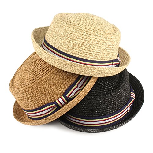 Men's Fancy Summer Straw Pork Pie Derby Fedora Upturn Brim Hat Black 56cm S/M