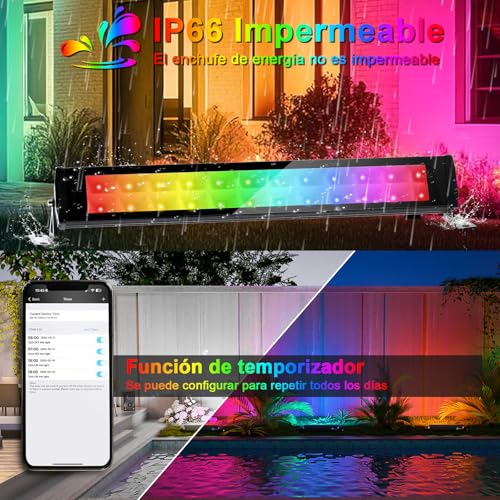 Reflector LED Exterior RGB 50W 2Pce, Barra Luz LED RGB de Pared con Temporizador y Memoria, Luz de Fiesta Pared con Control Remoto y App 2.4GHz,16 Millones Colores para Fiesta