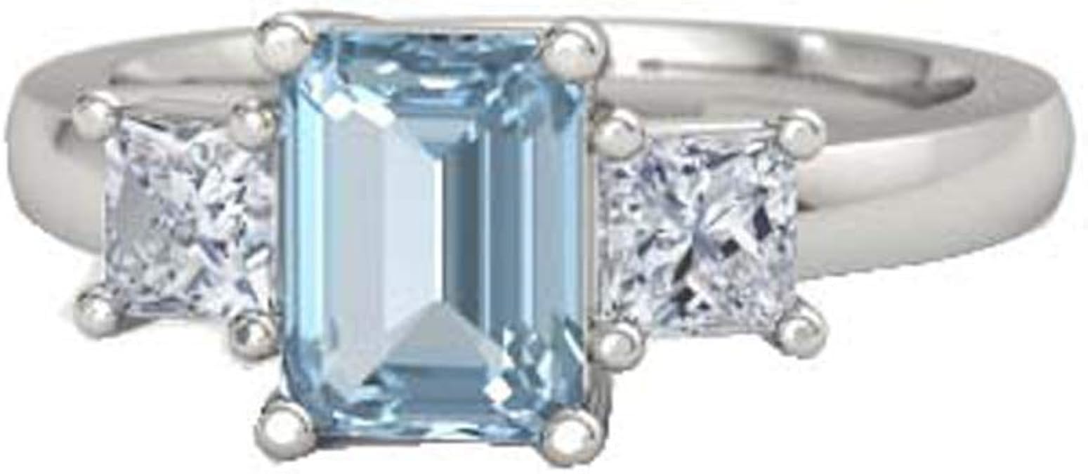 BB Jewels 14K White Gold Finish 1.50Ctw Emerald Cut Aquamarine & Diamond Three-Stone Engagement ...