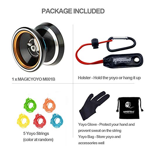 YOSTAR Metal Yoyo Professional Yoyo MAGICYOYO Silencer M001-B Unresponsive Yoyo - Stable Yoyo - Durable Black Yoyo Made of Aluminum + Holster, Yoyo Bag, Glove, 5 Yoyo Strings(Black & Golden)