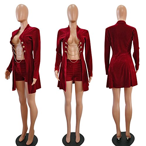 Kafiloe Womens Two Piece Outfits Suit Set Sexy Velvet Slim Fit Blazer Jacket and Shorts Burgundy L - Thumbnail 3