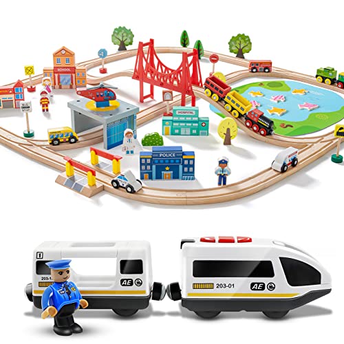 Tiny Land 110pcs Wooden Train Set & Battery Operated Train, Toy Train for Boys & Girls with Wooden Train Track, Wooden Toys for 3-7 Years Old Toddlers & Kids