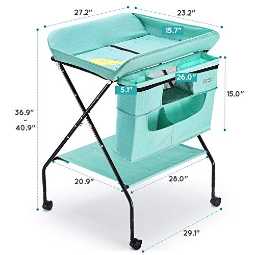 FORSTART Baby Changing Table with Wheels, Adjustable Height Folding