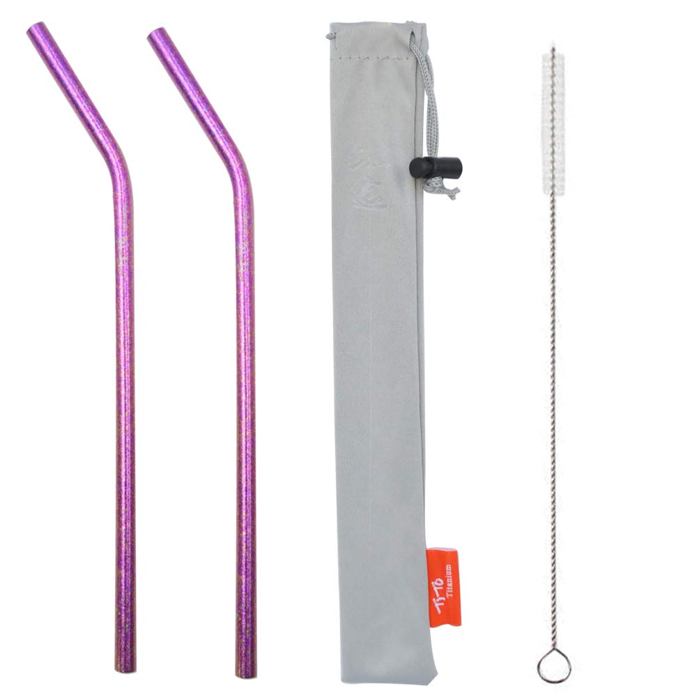 TiTo 2Pcs Titanium Metal Straw Reusable Colorful Ultralight Drinking Straws with Cleaning Brush and Bag for Smoothie, Milkshake, Cocktail and Hot Drinks(Rose,Bent)