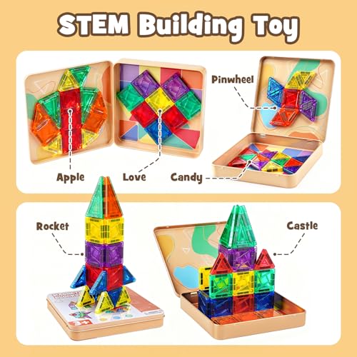 Dreamon 60 PCS Mini Magnetic Tiles Set Travel Magnetic Tiles for Kids with Iron Case Magnetics Blocks Building Toy Christmas Birthday Gift Boys Girls Age 3 4 5 6 7 8 Years