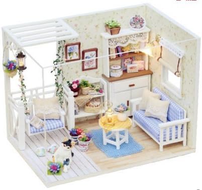 Simply Maker - Dollhouse Miniature DIY House Kit Cover LED Relaxing Sweet Living Room w Pet Cat Toy Christmas Birthday Gift (Sweet Beige)