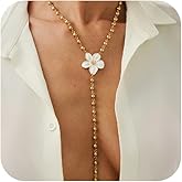 Douxsu Boho Gold Long Beaded Chain White Flower Choker Necklace for Women, Simple Floral Pendant Beads Tassel Y Necklaces Party Costume Jewelry Accessories