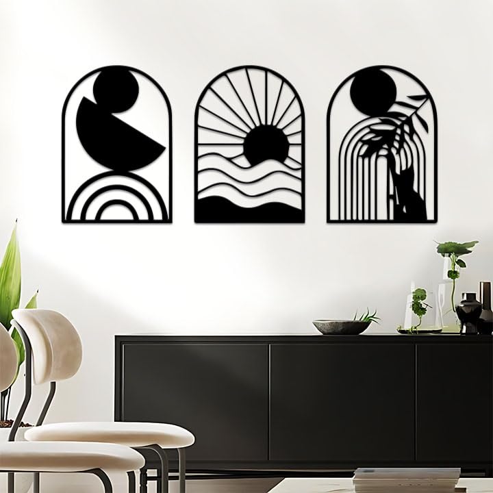 Resama 3-Piece Boho Wall Art Set,Black Metal Modern Geometric Wall Art Minimalist Abstract Wall Art Hanging for Home Living Room Bedroom