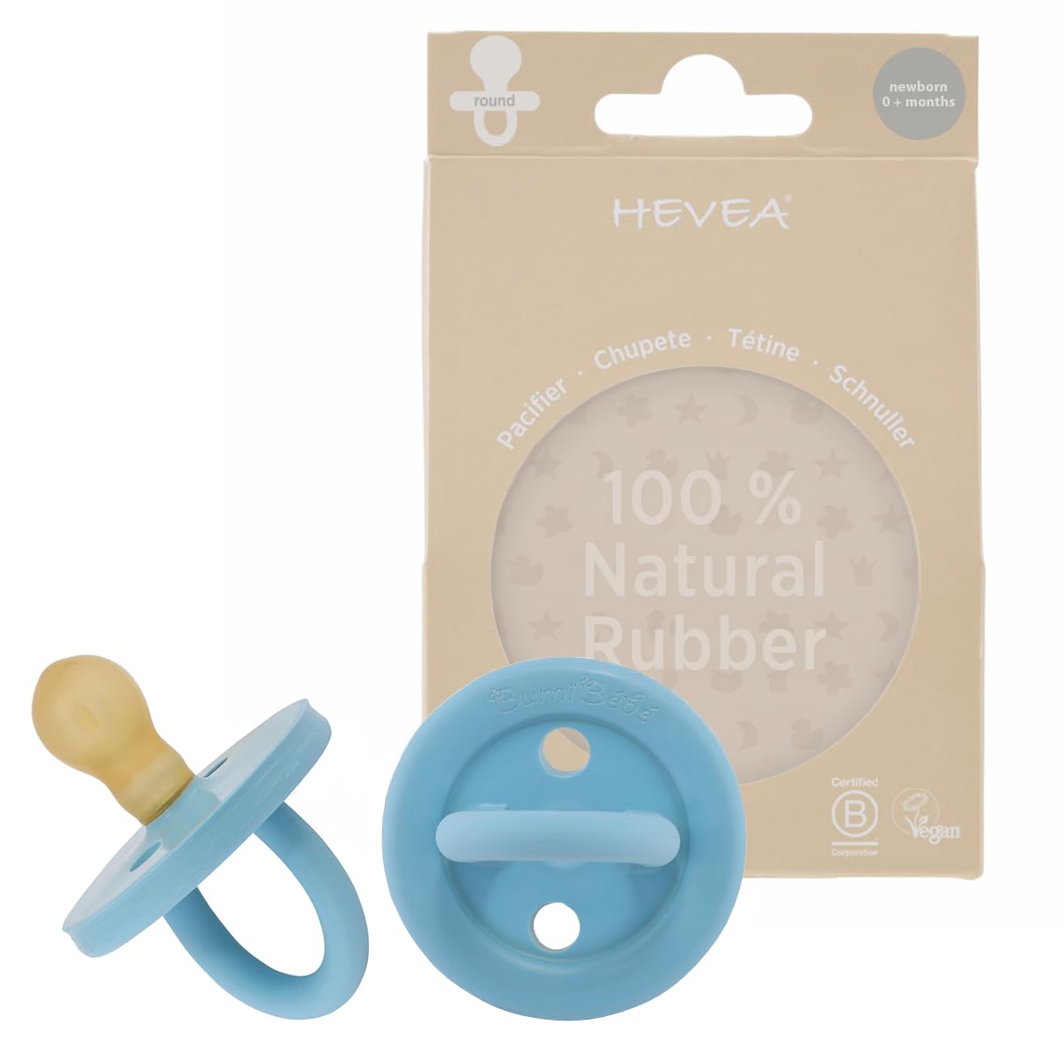 HEVEA Natural Rubber Dummy Pacifier Round Newborn 0+ Months – Hygienic One Piece Design for Newborns to Toddlers, BPA-Free, Soft & Durable – 2-Pack (Sky Blue)