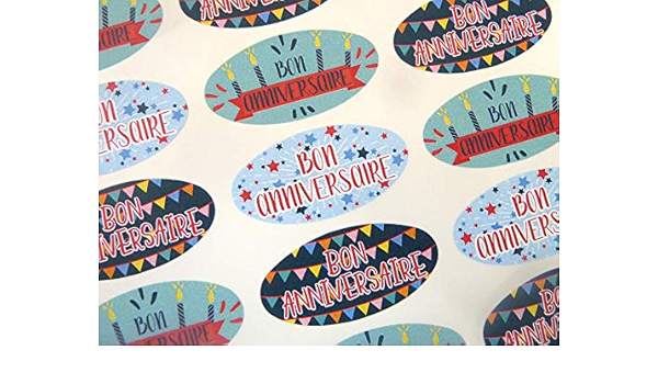 Amazon Com Pack Of 30 Bon Anniversaire French Birthday Greeting Stickers Colourful Oval Self Stick Labels For Cards Envelopes Craft Decoration Office Products