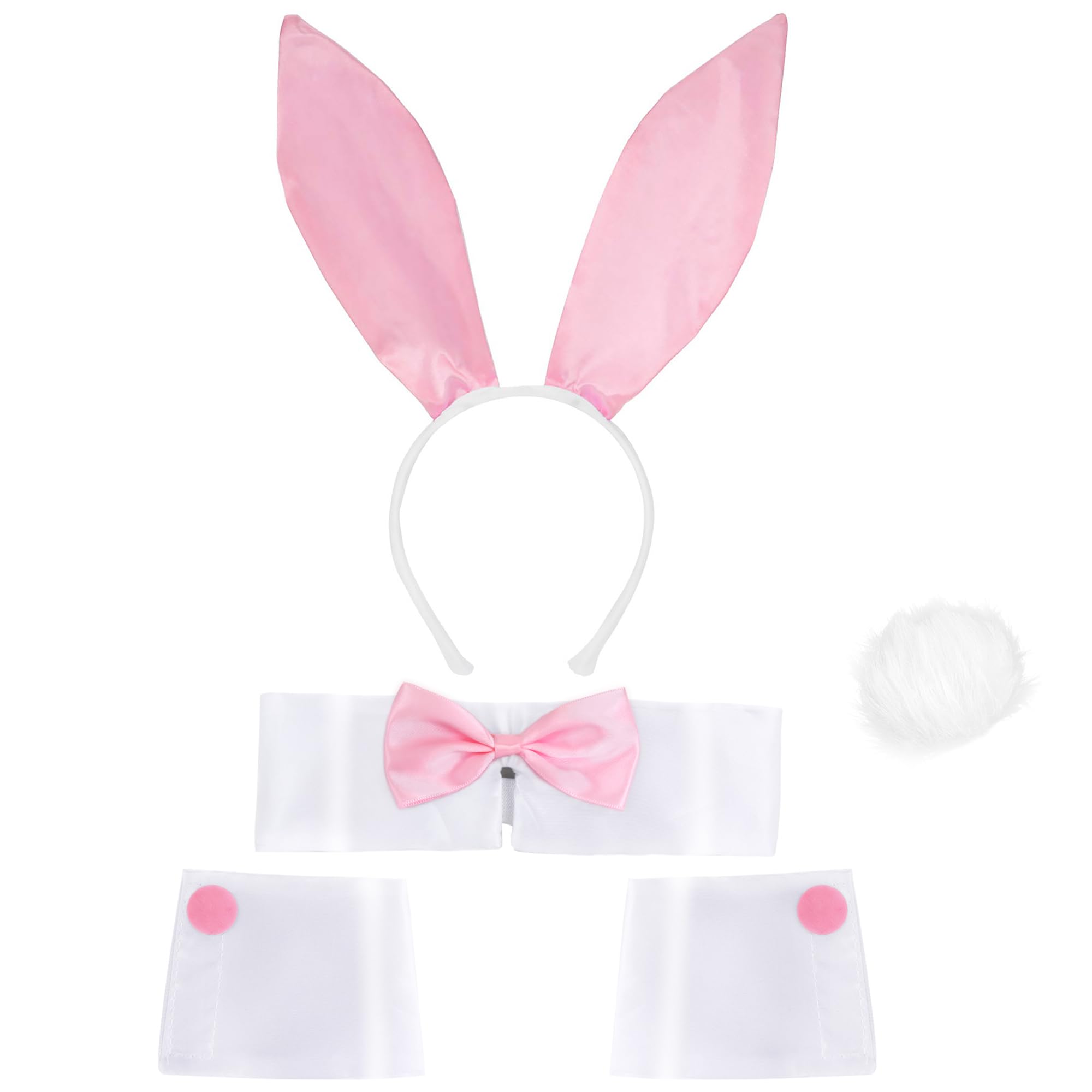 Goenb Bunny Costume, Bunny Costume Accessories Bunny Ears and Tail Collar Bow Tie Cuffs for Adult Women Men Halloween Party (Pink White)