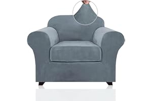PrinceDeco Velvet Stretch Chair Covers 2 Piece Armchair Slipcovers - Include Base Cover and Cushion Cover - Sofa Covers Couch Covers 1 Seater Chair Slip Cover, Feature Thick Soft Velour, Stone Blue