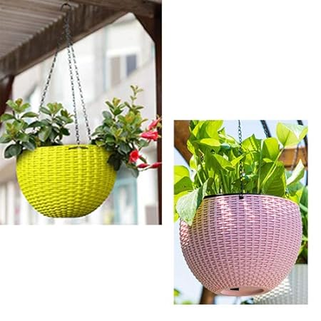 Generic (Yellow and Pink) 2 pcs Round Plastic Resin Chain Basket Hanging Planter Hanging Flowers and Plants,Growers