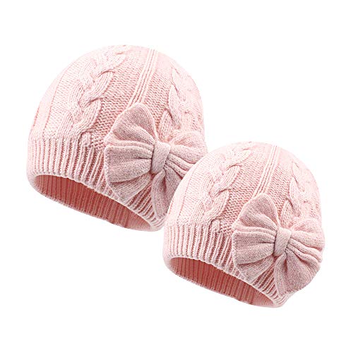 Winter Warm Knitted Baby Hat for Girls Cotton Lined Infant Toddler Girls Hat Autumn Cute Bow Classic Girls Beanie 0-6Y (Pink(Mom+Girl), L)