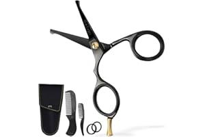 Ontaki Mustache Scissors - 4.2" Black Japanese Steel - Beard & Nose Hair Trimming Scissors for Men - Rounded Tip Ergonomic Handles - Hand-Forged Mustache Grooming Kit