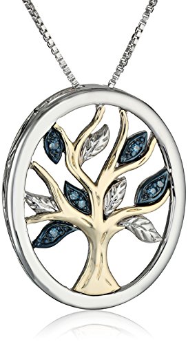 Diamond Tree of Life Pendant Necklace Sterling Silver and 14k Yellow Gold