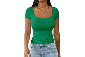 Dwnval Womens Sexy Short Sleeve Square Neck Tops Double Lined Basic Slim Fit Crop T Shirt 2025 Summer