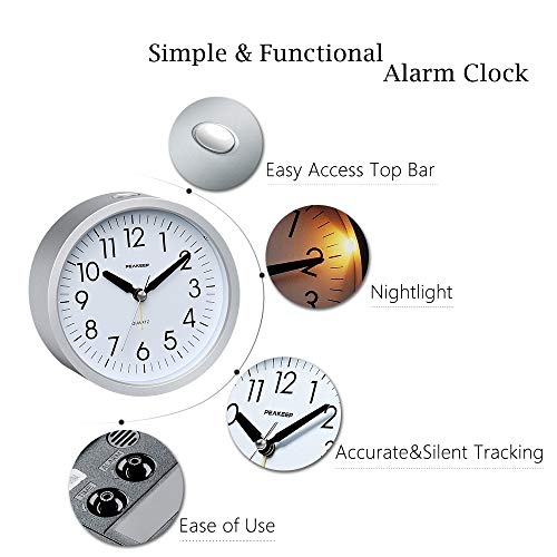Peakeep 4 inches Round Silent Analog Alarm Clock Non Ticking, Gentle