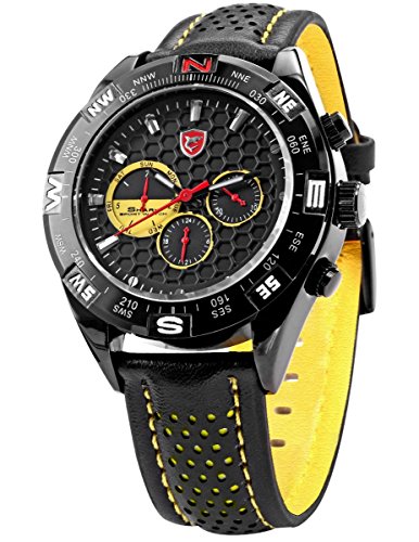 Shortfin Shark Fashion 6 Hands Black Leather Steel Case Army Sport Quartz Wrist Watch SH081