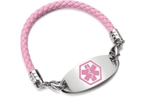 Medical Alert ID Bracelet for Women Personalized Braided Leather Medic Emergency ID Bangle Free Engraving Stainless Steel Med
