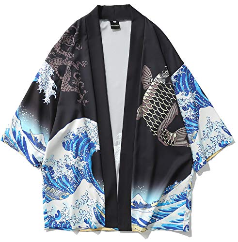 Men's Japanese Harajuku Fish Printed Kimono Cardigan Jackets Streetwear (Fish Black, Large)