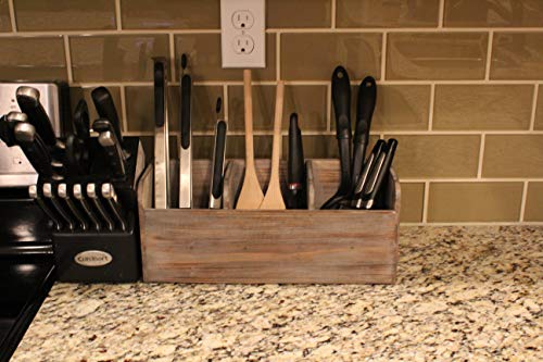 Vintage Rustic Barnwood Torched Wood Kitchen Utensil Holder - 3 Compartment Organizer Caddy Box For Cooking, Silverware, Flatware, Sauce Spoon, Tongs, and More