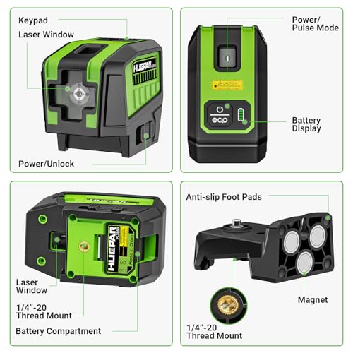 Huepar 3 Point Laser Level, Self Leveling Plumb Dot Laser with Magnetic Base, 98-165Ft Green Laser Alignment Tool for Framing, Electrical & DIY – PL300G