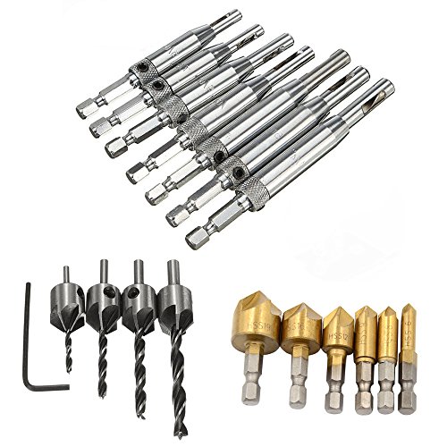 Breynet Wood Door Self Center Centering Hinge Drill Bit Core Tapper, Countersink Drill Bit Set 1/4'' Hex Shank HSS 5 Flute Countersink 90 Degree Center Punch Tool Set for Wood Quick Change Reamer Bit