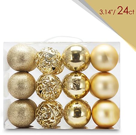 Zolee Christmas Ornaments Plastic Balls Shatterproof Decorative Pendants with Portable Gift Box 24ct (3.14'', Gold)