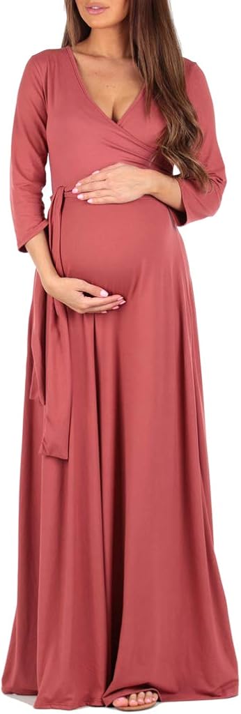 Mother Bee Maternity Faux Wrap Maternity Dress with Adjustable Belt for Baby Shower Or Casual Wear at  Women’s Clothing store