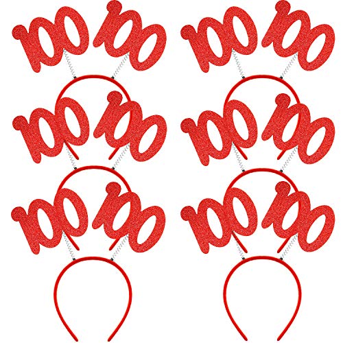 WILLBOND 6 Pieces Head Bopper 100 Glittered Boppers 100th Day of School Headband Glittered Number 100 Boppers for 100th Day of School 100th Anniversary 100 Years Old Birthday Party Favors