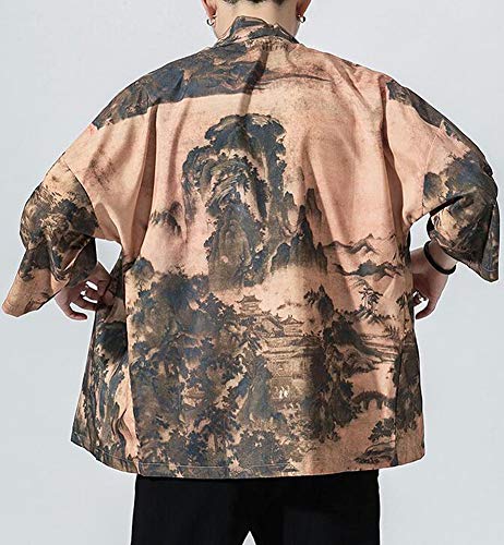 Hotmiss Men's Kimono Cardigan Jacket Japanese Style Flying Crane Seven Sleeves Open Front Coat (Yellow, X-Large)