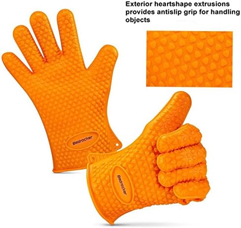 Bedrocker® Heat Resistant Silicone Barbecue Oven Mitts 1 Pair - Best BBQ Cooking glove for Baking, Smoking & Potholder, Orange
